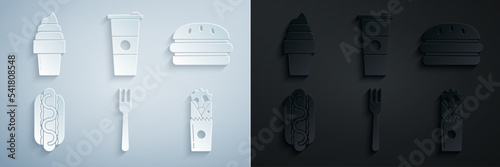 Set Fork, Burger, Hotdog sandwich with mustard, Doner kebab, Paper glass water and Ice cream in waffle cone icon. Vector