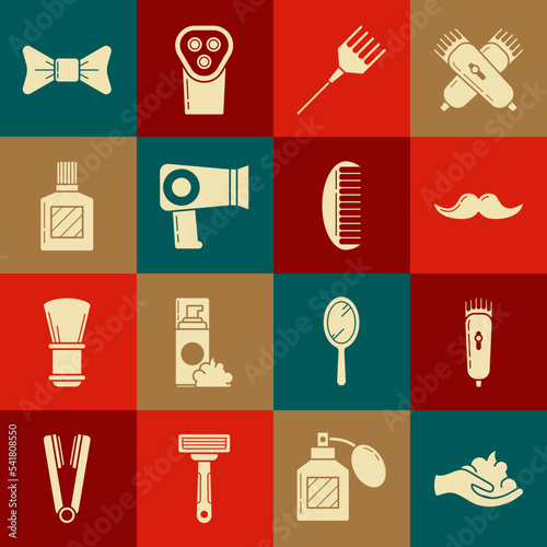 Set Shaving gel foam on hand, Electrical hair clipper or shaver, Mustache, Hairbrush, dryer, Aftershave, Bow tie and icon. Vector