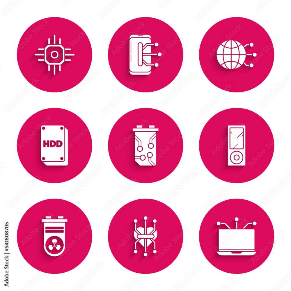 Set Video graphic card, Processor, Laptop, Music player, Hard disk drive HDD, Global technology social network and icon. Vector Set Video graphic card, Processor, Laptop, Music player, Hard disk drive HDD, Global technology social network and icon. Vector