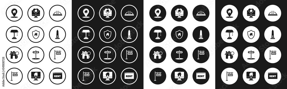 Set Swimming pool with ladder, House shield, Table lamp, Map pointer house, Washington monument, Monitor heart shape, Hanging sign text Sold and Search icon. Vector