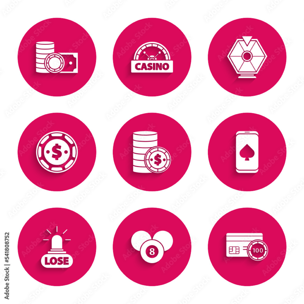 Set Casino chip with dollar, Billiard pool snooker 8 ball, Credit card, Online poker table game, losing, Lucky wheel and chips and stacks money cash icon. Vector Set Casino chip with dollar, Billiard pool snooker 8 ball, Credit card, Online poker table game, losing, Lucky wheel and chips and stacks money cash icon. Vector