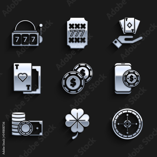 Set Casino chip with dollar, Online poker table game, chips and stacks money cash, Playing card heart, Hand holding deck of playing cards and Slot machine lucky sevens jackpot icon. Vector