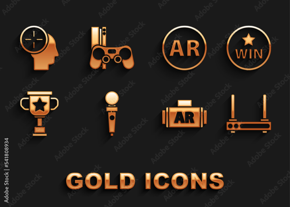 Set Joystick for arcade machine, Medal, Router and wi-fi signal, Ar, augmented reality, Award cup, Head hunting concept and Game console with joystick icon. Vector Set Joystick for arcade machine, Medal, Router and wi-fi signal, Ar, augmented reality, Award cup, Head hunting concept and Game console with joystick icon. Vector