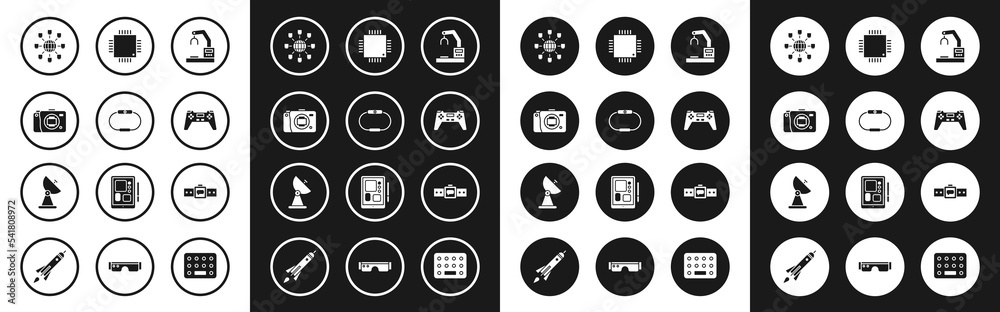 Set Robotic robot arm hand factory, Smartwatch, Mirrorless camera, Social network, Gamepad, Processor with microcircuits CPU, and Radar icon. Vector