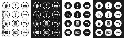 Set First aid kit, Guitar, Binoculars, Canteen water bottle, Car, Bottle of, Flare gun pistol and Coffee cup icon. Vector