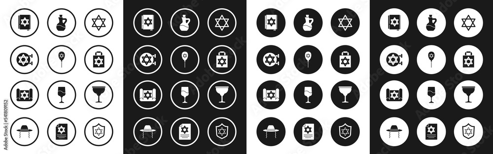 Set Star of David, Balloon with star david, Jewish synagogue, torah book, Shopping bag, Bottle olive oil, goblet and Torah scroll icon. Vector Set Star of David, Balloon with star david, Jewish synagogue, torah book, Shopping bag, Bottle olive oil, goblet and Torah scroll icon. Vector