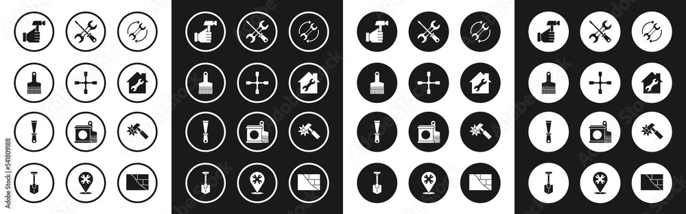 Set Wrench and arrows as workflow, Wheel wrench, Paint brush, Hammer, House repair, Screwdriver, and Putty knife icon. Vector