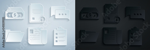 Set File document, Speech bubble chat, Document folder, Clipboard with checklist, Finance and Stacks paper money cash icon. Vector