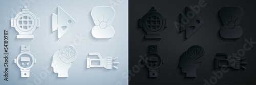Set Scallop sea shell, Shell with pearl, Diving watch, Flashlight, Fish and Aqualung icon. Vector