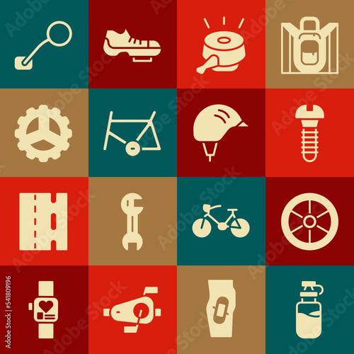 Set Sport bottle with water, Bicycle wheel, Metallic screw, bell, frame, sprocket crank, rear view mirror and helmet icon. Vector