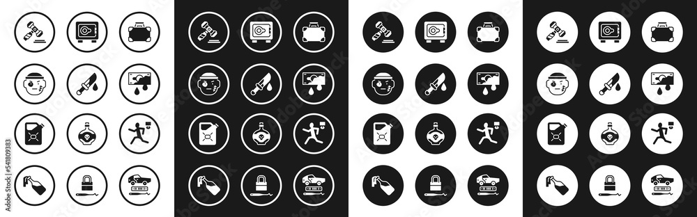Set Briefcase and money, Bloody knife, Bandit, Judge gavel, Safe, Murder and Canister fuel icon. Vector Set Briefcase and money, Bloody knife, Bandit, Judge gavel, Safe, Murder and Canister fuel icon. Vector