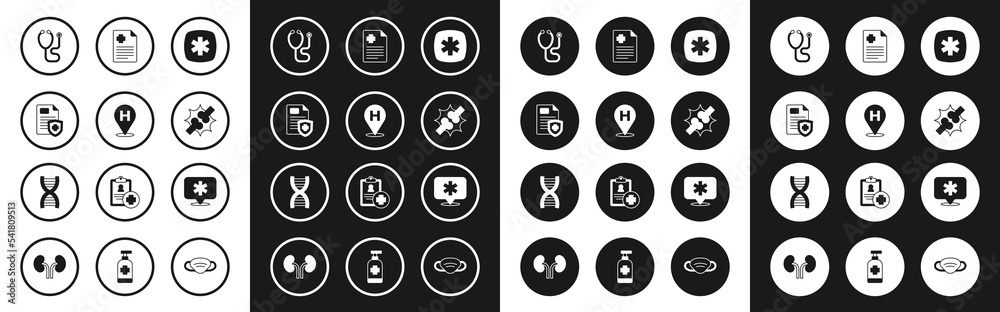 Set Emergency - Star of Life, Location hospital, Patient record, Stethoscope, Joint pain, knee pain, and DNA symbol icon. Vector Set Emergency - Star of Life, Location hospital, Patient record, Stethoscope, Joint pain, knee pain, and DNA symbol icon. Vector