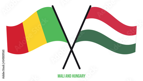 Mali and Hungary Flags Crossed And Waving Flat Style. Official Proportion. Correct Colors.