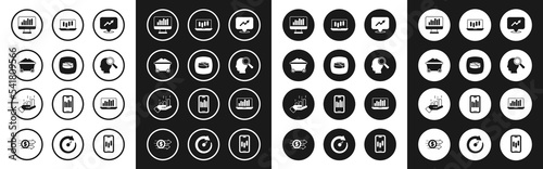 Set Financial growth, Pie chart infographic, Coal mine trolley, Monitor with, Search people, Stocks market graphs, Laptop and icon. Vector