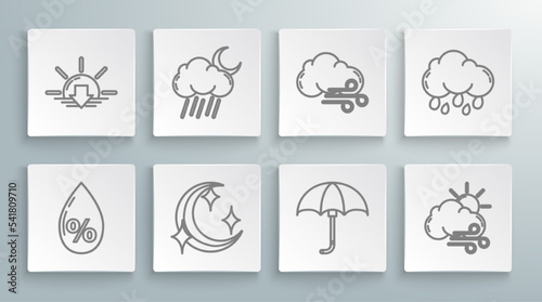 Set line Water drop percentage, Cloud with rain and moon, Moon stars, Classic elegant opened umbrella, Windy weather, and Sunset icon. Vector