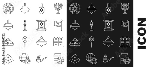 Set line Jewish coin, Tombstone with star of david, Flag Israel, Hanukkah dreidel, Burning candle candlestick, and Torah scroll icon. Vector
