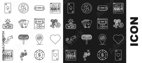 Set line Playing card with heart symbol, Casino chips, game dice and glass of whiskey ice cubes, Poker table, cards, win, spades and Online poker icon. Vector