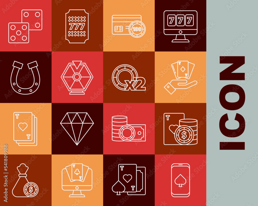 Set line Online poker table game, Casino chip and playing cards, Hand holding deck of, Credit, Lucky wheel, Horseshoe, Game dice and chips icon. Vector Set line Online poker table game, Casino chip and playing cards, Hand holding deck of, Credit, Lucky wheel, Horseshoe, Game dice and chips icon. Vector