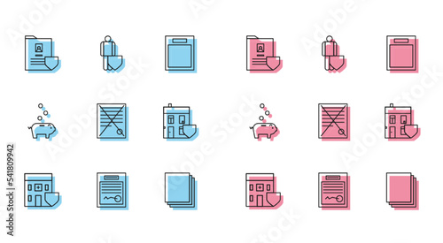 Set line Medical hospital building with shield, Filled form, Document, Clean paper, Delete file document, House, Piggy bank coin and Life insurance icon. Vector