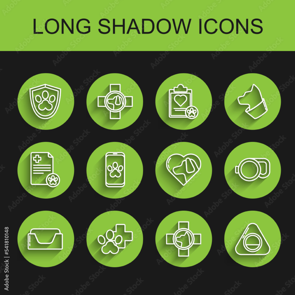 Set line Pet bed, Veterinary clinic symbol, Animal health insurance, Online veterinary, Retractable cord leash and Heart with dog icon. Vector