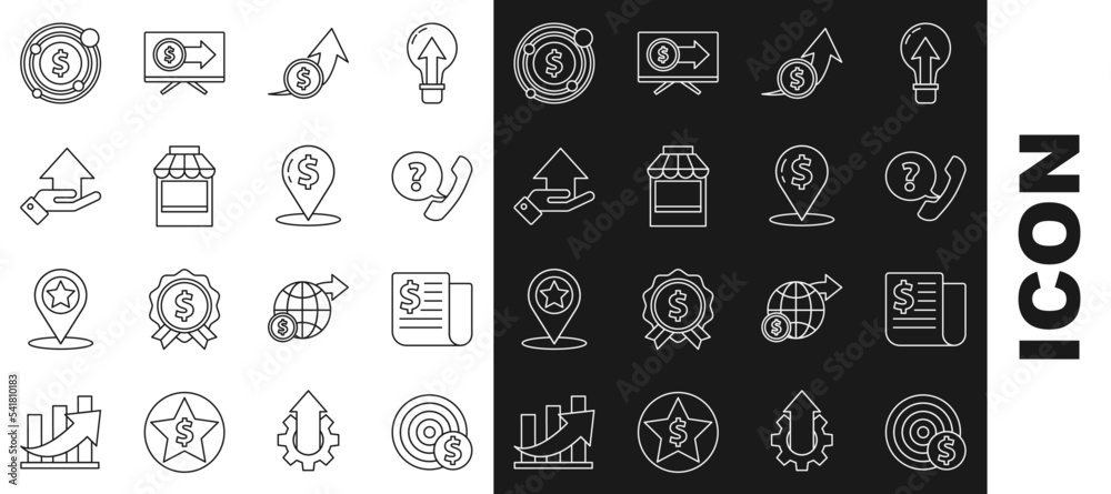 Set line Target with dollar symbol, Financial news, Telephone handset and speech bubble chat, growth coin, Shopping building or market store, Money, and Cash location icon. Vector Set line Target with dollar symbol, Financial news, Telephone handset and speech bubble chat, growth coin, Shopping building or market store, Money, and Cash location icon. Vector
