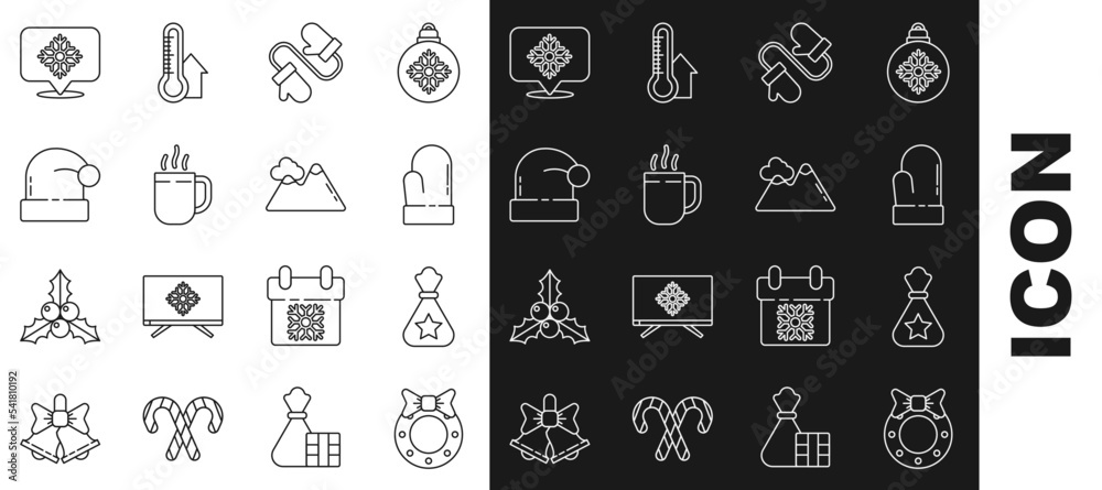Set line Christmas wreath, Santa Claus bag gift, mitten, Pair of knitted christmas mittens, Coffee cup, hat, Snowflake with speech bubble and Mountains icon. Vector Set line Christmas wreath, Santa Claus bag gift, mitten, Pair of knitted christmas mittens, Coffee cup, hat, Snowflake with speech bubble and Mountains icon. Vector