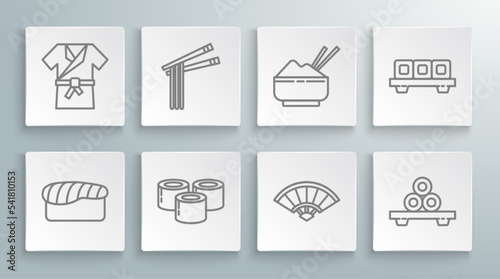 Set line Sushi, Asian noodles and chopsticks, Paper chinese or japanese folding fan, on cutting board, Rice bowl with, and Japanese costume Kimono icon. Vector
