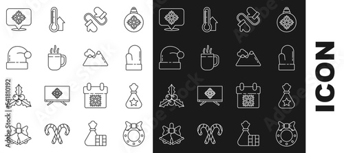 Set line Christmas wreath, Santa Claus bag gift, mitten, Pair of knitted christmas mittens, Coffee cup, hat, Snowflake with speech bubble and Mountains icon. Vector