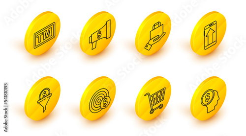Set line Business man planning mind, Shopping cart, Target with dollar symbol, Lead management, Smartphone, mobile phone, Hand and paper shopping bag, Megaphone and Trademark icon. Vector