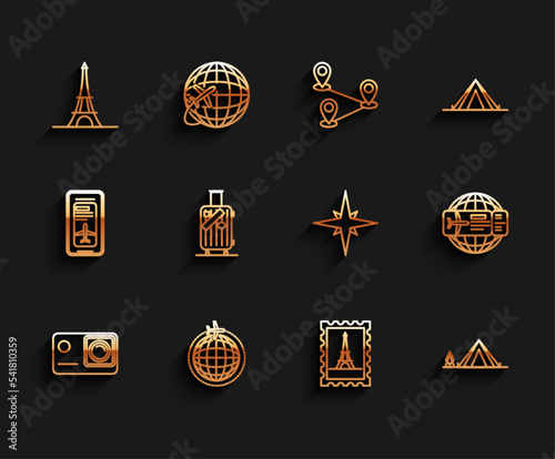 Set line Action extreme camera, Globe with flying plane, Eiffel tower, Postal stamp and, Tourist tent wood fire, Suitcase for travel stickers, Airline ticket and Wind rose icon. Vector