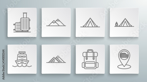 Set line Ship  Mountains  Egypt pyramids  Hiking backpack  Map pointer with Coliseum Rome  Italy  Tourist tent  wood fire and Suitcase for travel icon. Vector