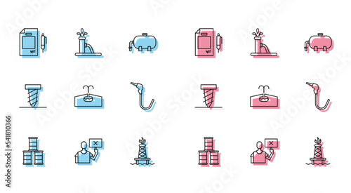 Set line Barrel oil, Nature saving protest, Contract money and pen, Oil rig with fire, Oilfield, Gasoline pump nozzle, Rotating drill digging hole and or jack icon. Vector