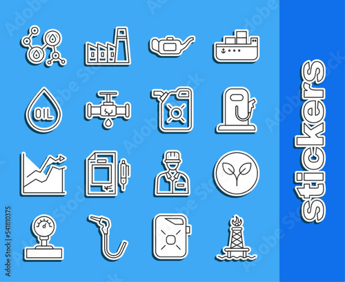 Set line Oil rig with fire, Bio fuel, Petrol or gas station, Canister for motor oil, Broken pipe leaking water, drop, Molecule and icon. Vector