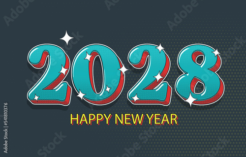 Happy New Year 2028 Concept Illustration On Halftone Effect. Modern Holiday Design.