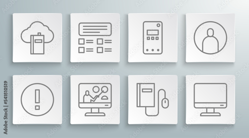 Set line Information, Online quiz, test, survey, education, Electronic book with mouse, Computer monitor screen, Mobile phone, Create account and Cloud online library icon. Vector Set line Information, Online quiz, test, survey, education, Electronic book with mouse, Computer monitor screen, Mobile phone, Create account and Cloud online library icon. Vector