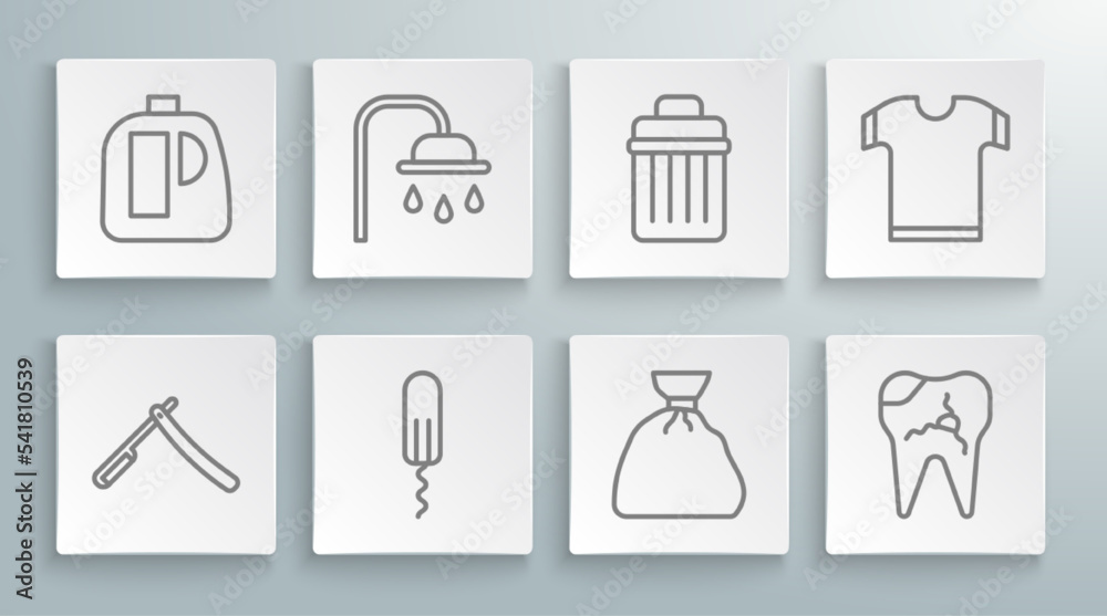 Set line Straight razor, Shower head, Sanitary tampon, Garbage bag, Broken tooth, Trash can, T-shirt and Bottles for cleaning agent icon. Vector Set line Straight razor, Shower head, Sanitary tampon, Garbage bag, Broken tooth, Trash can, T-shirt and Bottles for cleaning agent icon. Vector