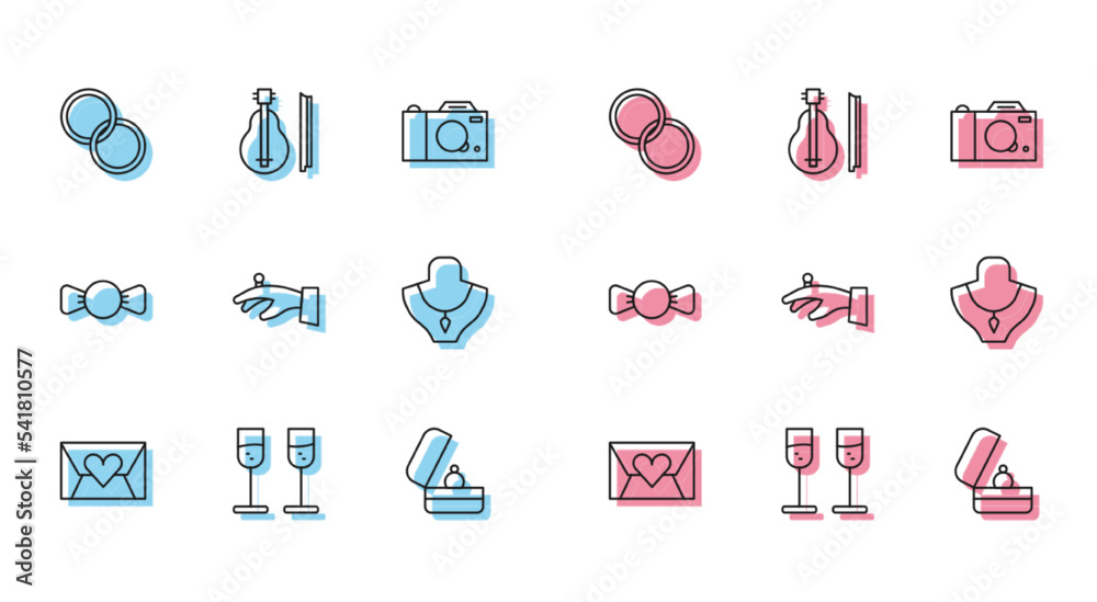 Set line Envelope with Valentine heart, Glass of champagne, Wedding rings, on hand, Necklace mannequin, Bow tie and Violin icon. Vector Set line Envelope with Valentine heart, Glass of champagne, Wedding rings, on hand, Necklace mannequin, Bow tie and Violin icon. Vector