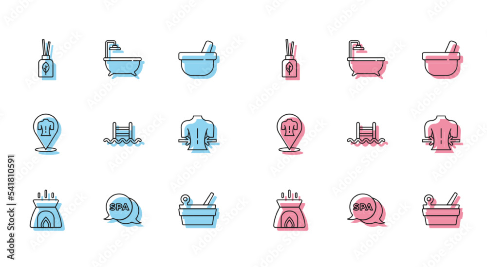 Set line Aroma candle, Spa salon, diffuser, Sauna bucket ladle, Swimming pool with ladder, Massage, and Bathtub icon. Vector