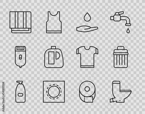 Set line Bottle of liquid antibacterial soap, Toilet bowl, Washing hands with, Condom package safe sex, Towel stack, Bottles for cleaning agent, paper roll and Trash can icon. Vector