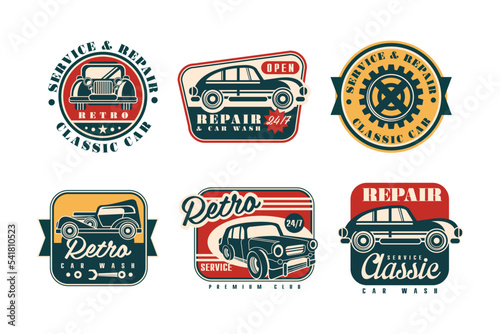 Auto Service and Repair Badges with Retro Car Vector Set
