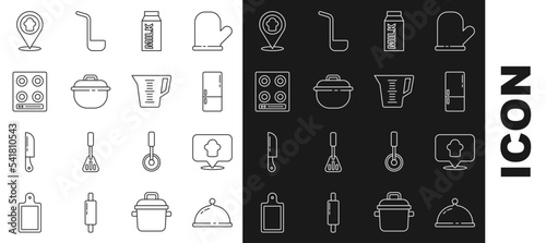 Set line Covered with tray of food, Chef hat location, Refrigerator, Paper package for milk, Cooking pot, Gas stove, and Measuring cup icon. Vector