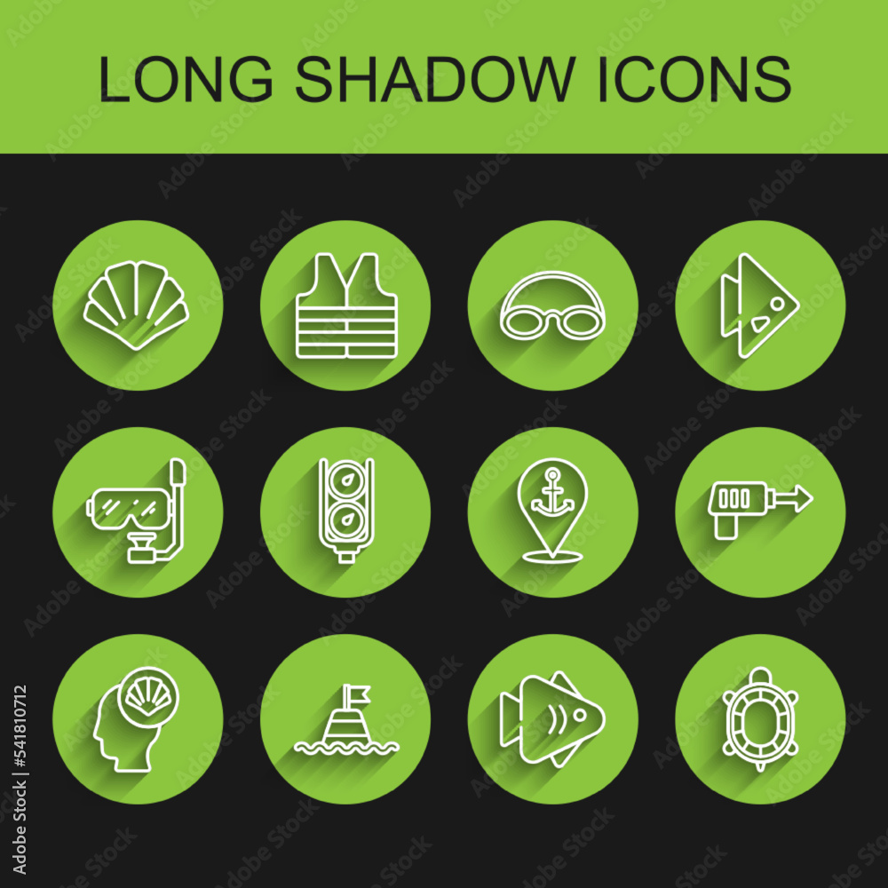 Set line Scallop sea shell, Floating buoy on the, Fish, Turtle, Gauge scale, Fishing harpoon and Location with anchor icon. Vector Set line Scallop sea shell, Floating buoy on the, Fish, Turtle, Gauge scale, Fishing harpoon and Location with anchor icon. Vector