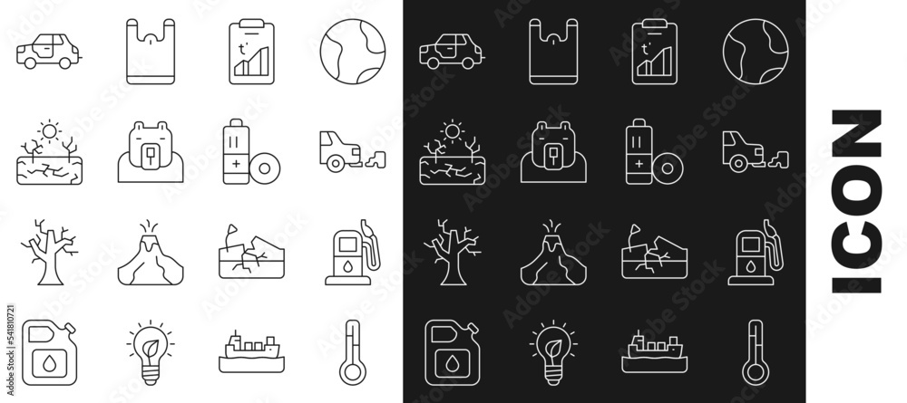 Set line Meteorology thermometer, Petrol gas station, Car exhaust, Global warming, Polar bear head, Drought, and Battery icon. Vector