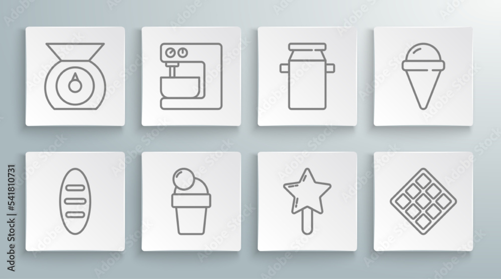 Set line Bread loaf, Electric mixer, Ice cream, Lollipop, Waffle, Can container for milk, waffle cone and Scales icon. Vector Set line Bread loaf, Electric mixer, Ice cream, Lollipop, Waffle, Can container for milk, waffle cone and Scales icon. Vector