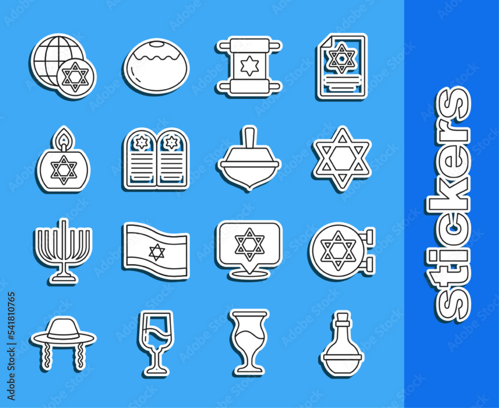 Set line Jewish wine bottle, synagogue, Star of David, Torah scroll ...