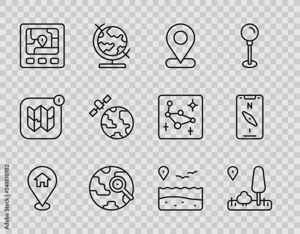 Set line Location with house, City map navigation, Magnifying glass ...