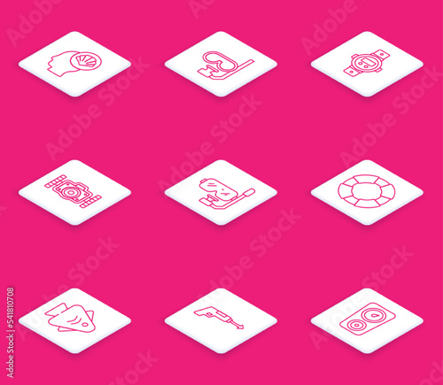 Set line Scallop sea shell, Diving mask and snorkel, watch, Photo camera, Lifebuoy, Fish and Fishing harpoon icon. Vector