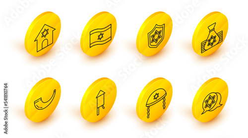 Set line Star of David, Jewish kippah, Firework rocket, Traditional ram horn, shofar, money bag, Shield with, Flag Israel and synagogue icon. Vector