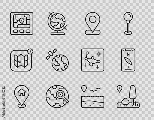 Set line Location with house, City map navigation, Magnifying glass globe, Gps device, Satellites orbiting the planet, beach and Compass mobile icon. Vector