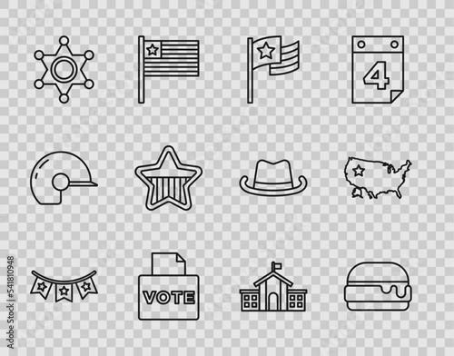 Set line Carnival garland with flags, Burger, American, Vote box, Hexagram sheriff, USA Independence day, United States Capitol Congress and map icon. Vector